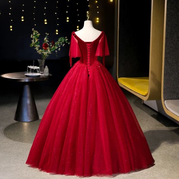 Vintage / Retro Burgundy Beading Sequins Prom Dresses 2023 Ball Gown Velvet V-Neck Short Sleeve Backless Floor-Length / Long Prom Formal Dresses