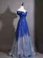 Vintage / Retro Royal Blue Gradient-Color Sequins Evening Dresses 2026 A-Line / Princess Scoop Neck Short Sleeve Backless Bow Sash