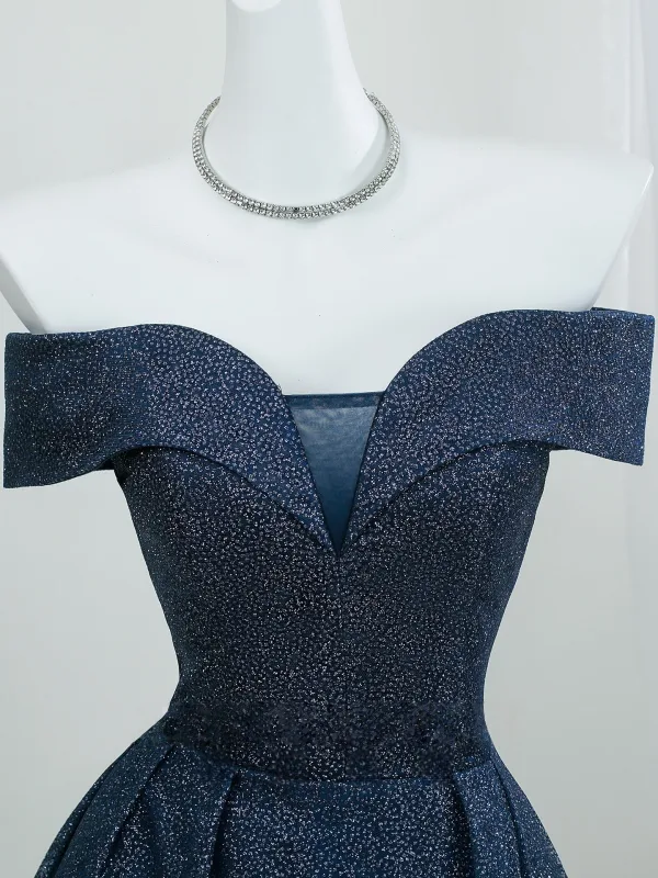 Schnittig Marineblau Glanz Sternenklarer Himmel Ballkleider 2026 A Linie Off Shoulder Ärmellos Rückenfreies Lange Festliche Kleider