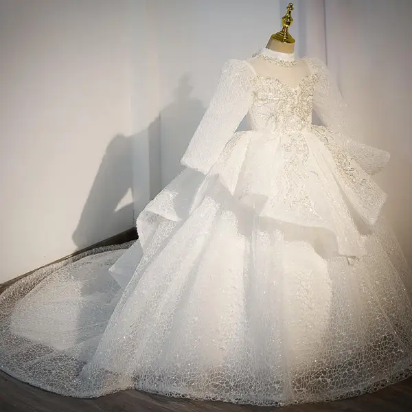 Charming White Beading Pearl Sequins Wedding Flower Girl Dresses 2022 Ball Gown High Neck Short Sleeve Court Train Flower Girl Dresses