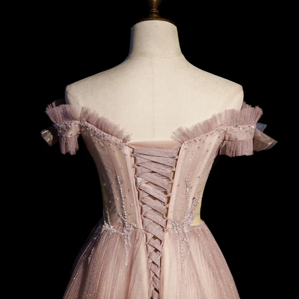 Charmant Dunkel Rosa Glanz Pailletten Ballkleider 2022 A Linie Off Shoulder Applikationen Kurze Ärmel Rückenfreies Lange Ball Festliche Kleider