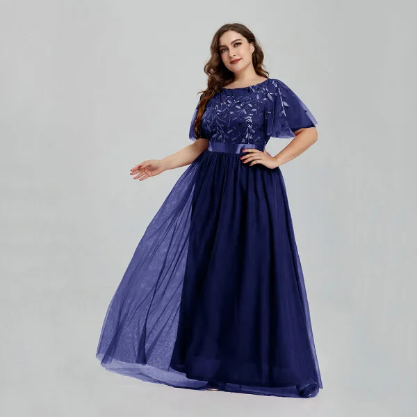 Vintage / Retro Navy Blue Lace Flower Sequins Prom Dresses 2023 A-Line / Princess Scoop Neck Short Sleeve Floor-Length / Long Prom Formal Dresses