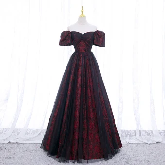 Élégant Bordeaux Impression Robe De Bal 2022 Princesse De L Épaule Gonflée Manches Courtes Dos Nu Longue Robe De Ceremonie