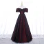 Elegant Burgundy Printing Prom Dresses 2022 A-Line / Princess Off-The-Shoulder Puffy Short Sleeve Backless Floor-Length / Long Formal Dresses