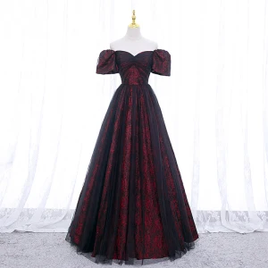 Elegante Burgunderrot Drucken Ballkleider 2022 A Linie Off Shoulder Geschwollenes Kurze Ärmel Rückenfreies Lange Festliche Kleider