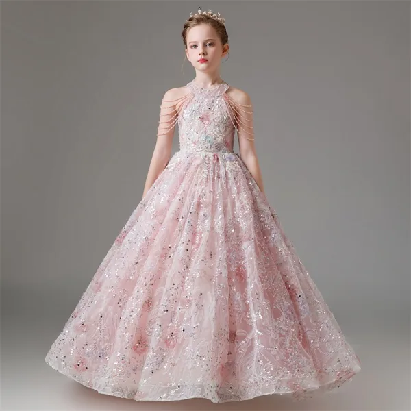 Charming Blushing Pink Beading Tassel Sequins Lace Flower Floor-Length / Long Birthday Flower Girl Dresses 2024 Ball Gown Scoop Neck Sleeveless Tulle