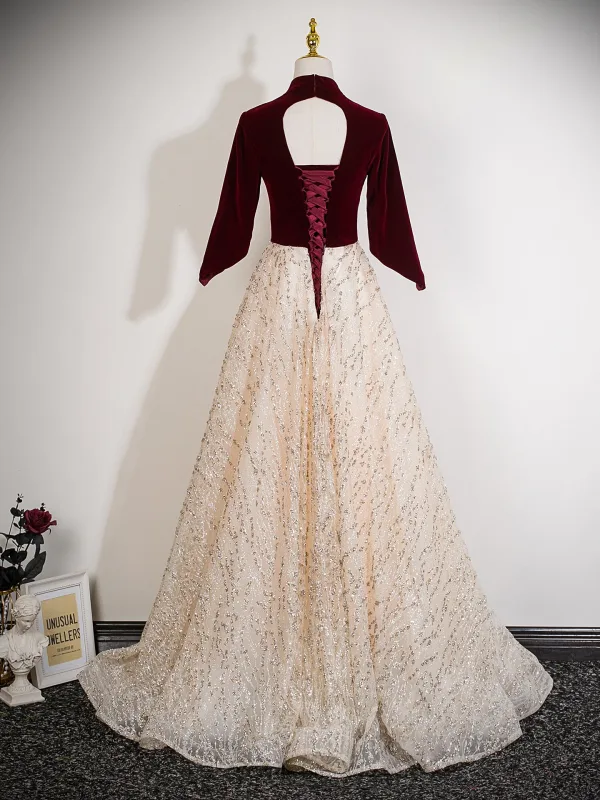 Chic / Beautiful Burgundy Sequins Prom Dresses 2025 A-Line / Princess V-Neck 1/2 Sleeves Backless Sash Floor-Length / Long Prom Formal Dresses