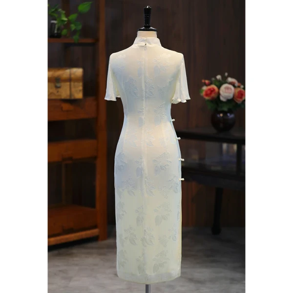 Chic / Beautiful Champagne Silk Printing Evening Party Cheongsam 2024 Trumpet / Mermaid High Neck Short Sleeve Tea-length