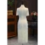 Chic / Beautiful Champagne Silk Printing Evening Party Cheongsam 2024 Trumpet / Mermaid High Neck Short Sleeve Tea-length