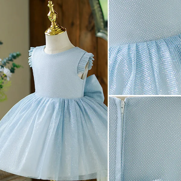 Bling Bling Sky Blue Glitter Birthday Flower Girl Dresses 2022 Ball Gown Scoop Neck Sleeveless Bow Short Flower Girl Dresses