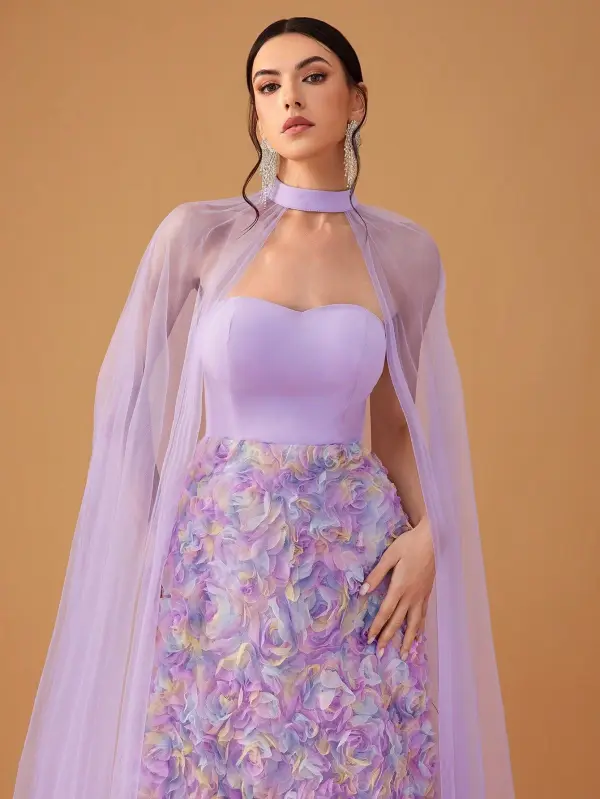 Lovely Lavender Multi-Colors Appliques Prom Dresses With Cloak 2025 A-Line / Princess Strapless Sleeveless Backless Floor-Length / Long Prom Formal Dresses