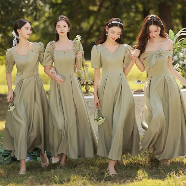 Simple Vert Cendré Satin Robe Demoiselle D'honneur 2022 Princesse Manches Courtes Dos Nu Longue Demoiselle D'honneur