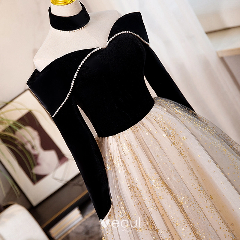 Black Off the Shoulder Pearls Long Sleeve Prom Dress, Elegant Evening