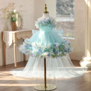 Charmant Vert Citron Appliques Noeud Anniversaire Robe Ceremonie Fille 2026 Robe Boule Encolure Dégagée Sans Manches Courte Robe Ceremonie Fille