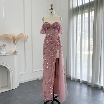 Haut De Gamme Sexy Rougissant Rose Fait Main Perlage Paillettes Fendue Devant Robe De Bal 2024 Trompette Sirène Bretelles Spaghetti Manches Courtes Dos Nu Longue Promo