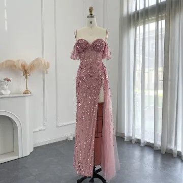 High End Sexy Blushing Pink Handmade Beading Sequins Split Front Prom Dresses 2024 Trumpet Mermaid Spaghetti Straps Short Sleeve Backless Floor Length Long Prom