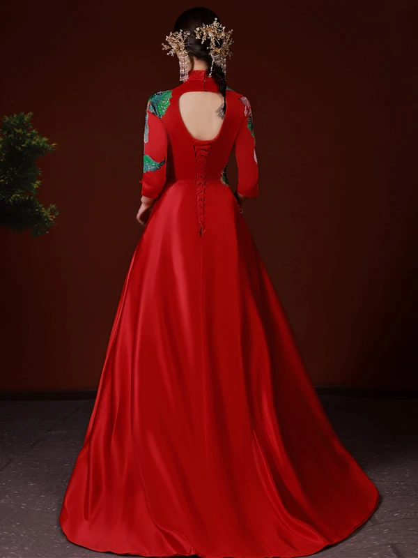 Chinese style Red Rhinestone Embroidered Prom Dresses 2022 Satin A-Line / Princess High Neck 1/2 Sleeves Backless Sweep Train Formal Dresses