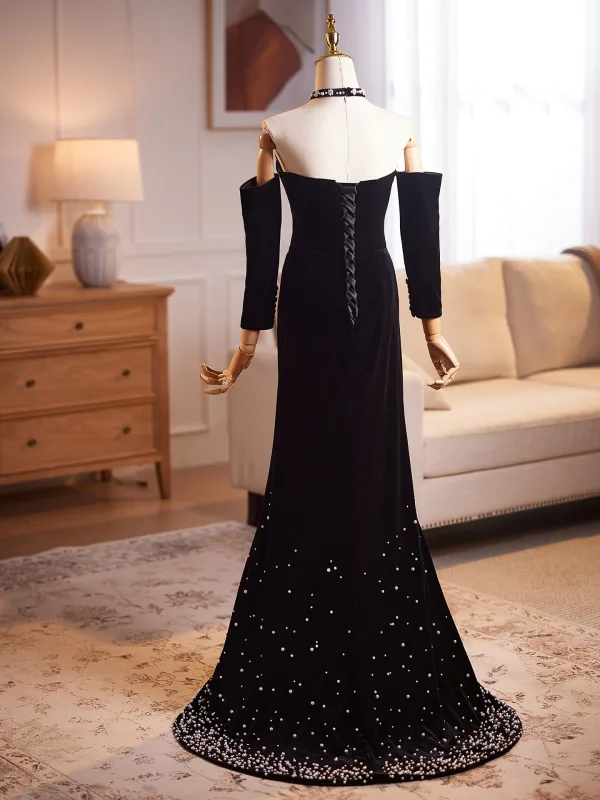 Elegant Black Sequins Pearl Velvet Evening Dresses 2026 Trumpet / Mermaid Off-The-Shoulder 1/2 Sleeves Backless Sweep Train Evening Party Formal Dresses