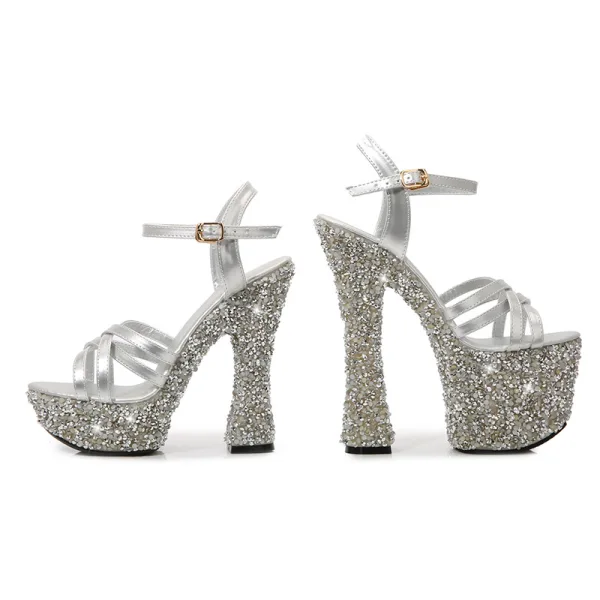 Glitzernden Schwarz Sexy Abend Strass Sandalen Damen 2023 Knöchelriemen 14 cm Thick Heels Peeptoes Sandaletten Hochhackige