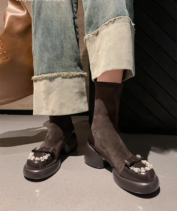 Fashion Black Street Wear Pearl Rhinestone Bow Womens Boots 2024 Leather 7 cm Block Heels Round Toe Boots
