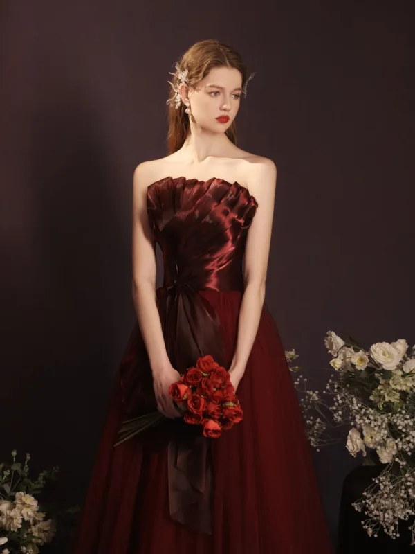 Charming Burgundy Bow Prom Dresses 2023 A-Line / Princess Strapless Sleeveless Backless Floor-Length / Long Prom Formal Dresses