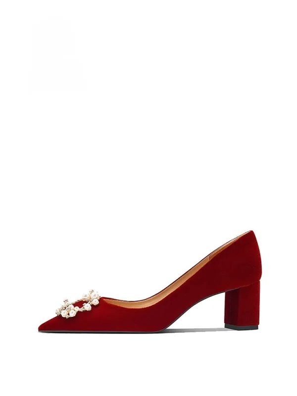 Chinese style Red Pearl Rhinestone Wedding Shoes 2026 5 cm Thick Heels Pointed Toe Wedding Pumps