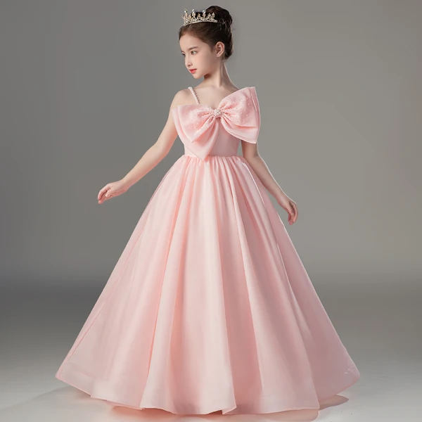 Lovely Blushing Pink Birthday Flower Girl Dresses 2022 Ball Gown Spaghetti Straps Sleeveless Backless Pearl Bow Floor-Length / Long Flower Girl Dresses