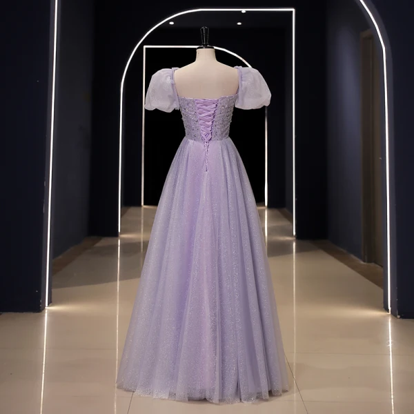 Elegante Lavendel Pailletten Ballkleider 2023 A Linie Eckiger Ausschnitt Geschwollenes Kurze Ärmel Rückenfreies Lange Ball Festliche Kleider
