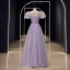 Elegante Lavendel Pailletten Ballkleider 2023 A Linie Eckiger Ausschnitt Geschwollenes Kurze Ärmel Rückenfreies Lange Ball Festliche Kleider