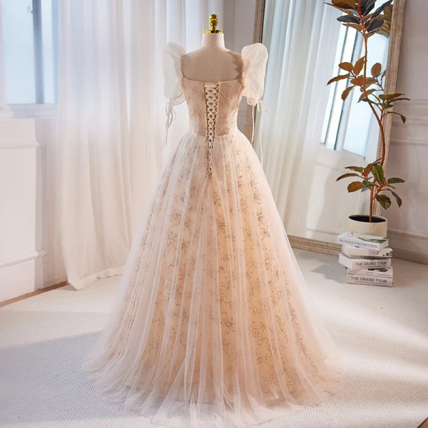 Chic / Beautiful Champagne Sequins Prom Dresses Square Neckline 2023 A-Line / Princess Puffy Short Sleeve Backless Floor-Length / Long Prom Formal Dresses