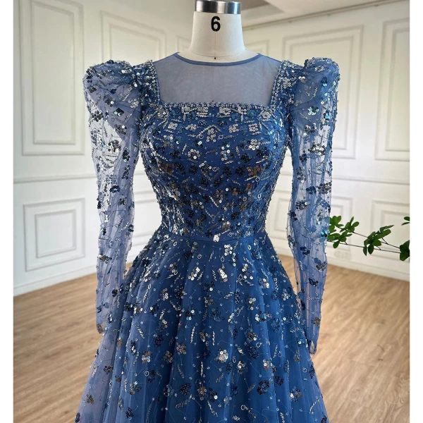 High End Meeresblau Handgefertigt Perlenstickerei Pailletten Ballkleider 2024 A Linie Eckiger Ausschnitt Lange Ärmel Lange Ball Festliche Kleider