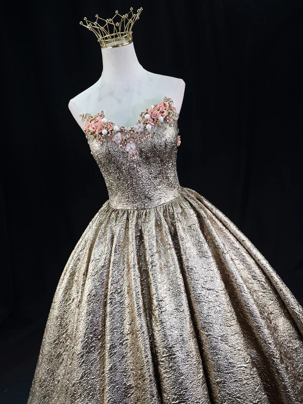 Sparkly Gold Beading Pearl Sequins Appliques Prom Dresses 2024 Ball Gown Strapless Sleeveless Backless Floor-Length / Long Prom Formal Dresses