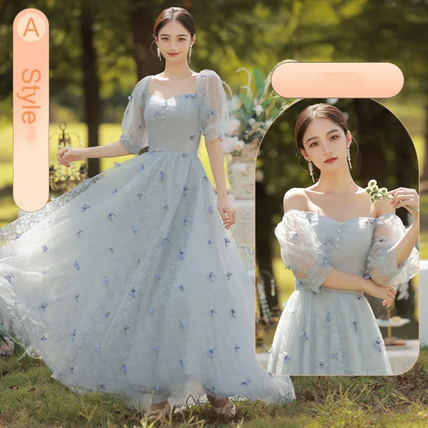 Chic / Belle Bleu Ciel Papillon Appliques Robe Demoiselle D'honneur 2022 Princesse Encolure Carrée Manches Courtes Dos Nu Longue