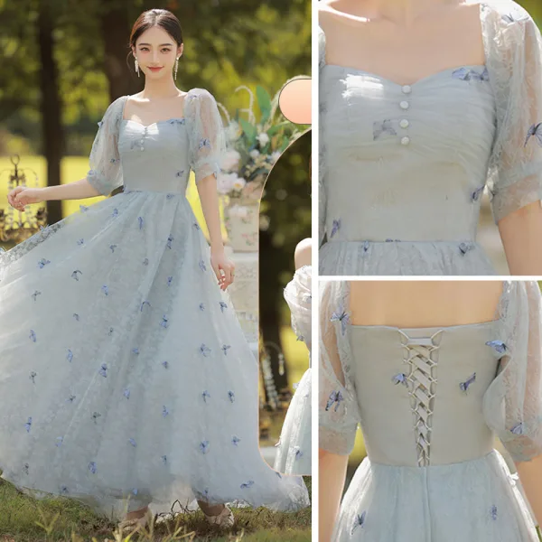 Chic / Belle Bleu Ciel Papillon Appliques Robe Demoiselle D'honneur 2022 Princesse Encolure Carrée Manches Courtes Dos Nu Longue