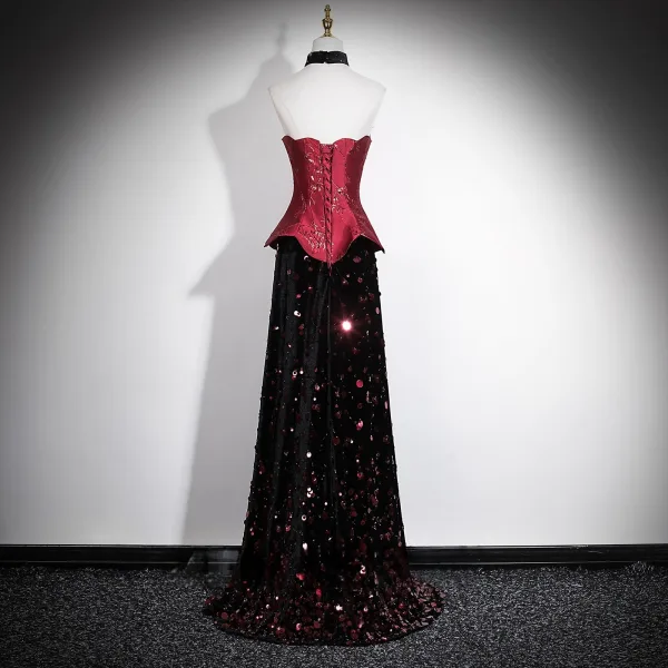 High-end Chinese style Burgundy Sequins Formal Dresses 2026 A-Line / Princess Strapless Sleeveless Backless Floor-Length / Long Evening Party Evening Dresses