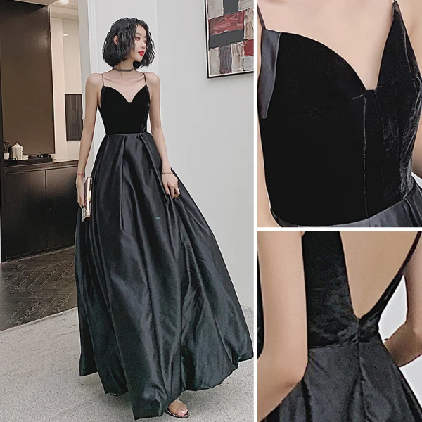 Chic / Beautiful Black Prom Dresses 2022 A-Line / Princess Spaghetti Straps Sleeveless Backless Floor-Length / Long Prom Formal Dresses