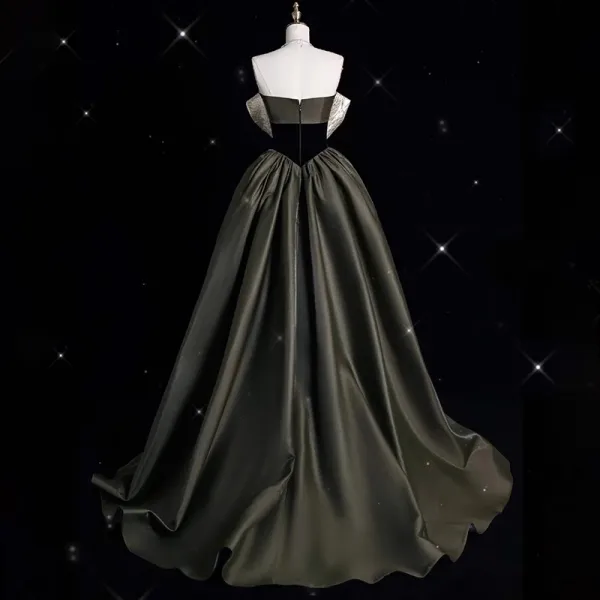 Elegant Army Green Bow Satin Prom Dresses 2024 Ball Gown Strapless Sleeveless Backless Floor-Length / Long Prom Formal Dresses
