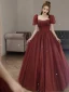 Chic / Beautiful Burgundy Beading Sequins Prom Dresses 2023 A-Line / Princess Square Neckline Short Sleeve Backless Floor-Length / Long Prom Formal Dresses