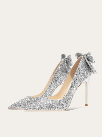 Glittrande Silver Paljetter Rosett Brudskor 2024 10 Cm Stilettklackar Läder Spetsiga Bröllop Pumps Högklackade