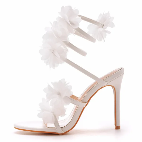 Sexy Charmant Weiß Applikationen Knöchelriemen Brautschuhe 2023 10 cm Stilettos Peeptoes Hochzeit Sandaletten Hochhackige