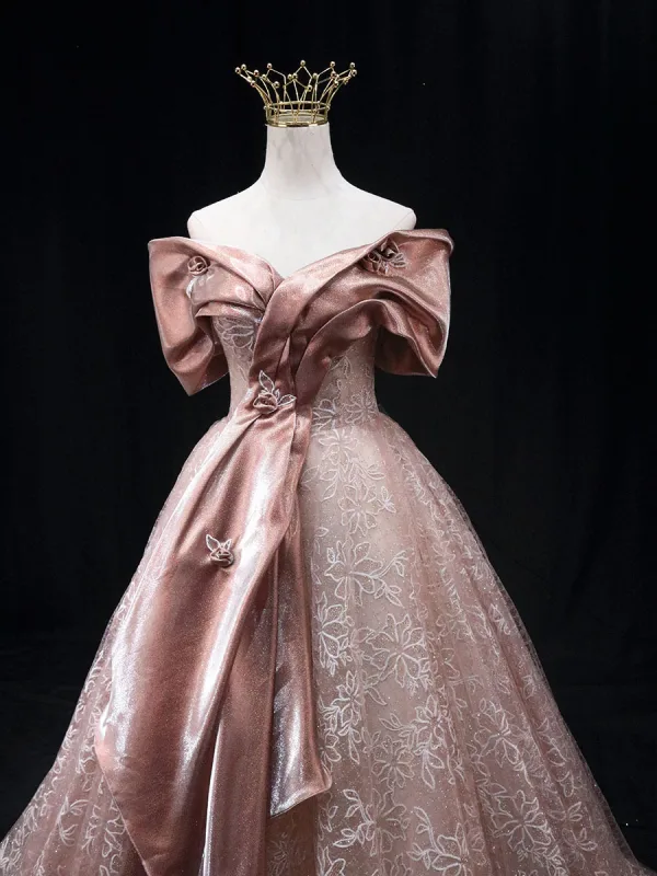Elegant Blushing Pink Glitter Lace Flower Prom Dresses 2025 Ball Gown Off-The-Shoulder Short Sleeve Backless Floor-Length / Long Prom Formal Dresses