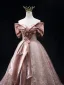 Elegant Blushing Pink Glitter Lace Flower Prom Dresses 2025 Ball Gown Off-The-Shoulder Short Sleeve Backless Floor-Length / Long Prom Formal Dresses