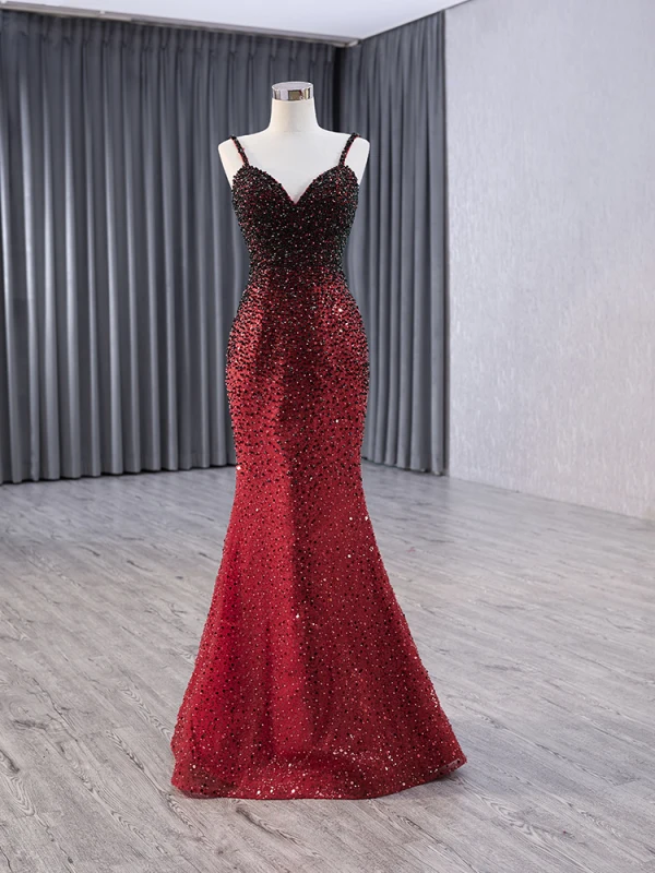 High-end Burgundy Gradient-Color Handmade  Beading Pearl Sequins Prom Dresses 2024 Trumpet / Mermaid Spaghetti Straps Sleeveless Backless Sweep Train Prom Formal Dresses