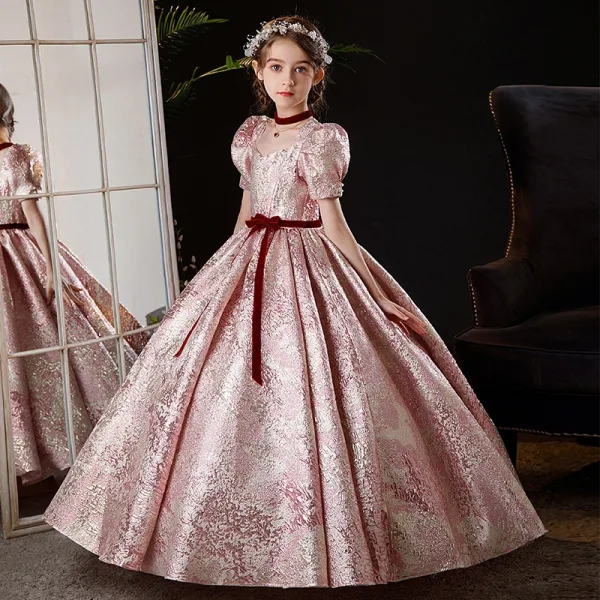 Lovely Blushing Pink Flower Girl Dresses Glitter 2024 Ball Gown Square Neckline Short Sleeve Bow Sash Floor-Length / Long