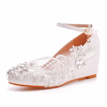 Élégant Blanche Faux Diamant En Dentelle Fleur Chaussure De Mariée 2023 5 Cm Compensées À Bout Pointu Mariage Talons