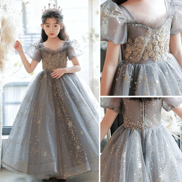 Chic / Belle Gris Étoile Paillettes Anniversaire Robe Ceremonie Fille 2022 Robe Boule Encolure Carrée Gonflée Manches Courtes Perlage Dos Nu Longue Robe Ceremonie Fille
