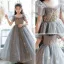 Chic / Belle Gris Étoile Paillettes Anniversaire Robe Ceremonie Fille 2022 Robe Boule Encolure Carrée Gonflée Manches Courtes Perlage Dos Nu Longue Robe Ceremonie Fille