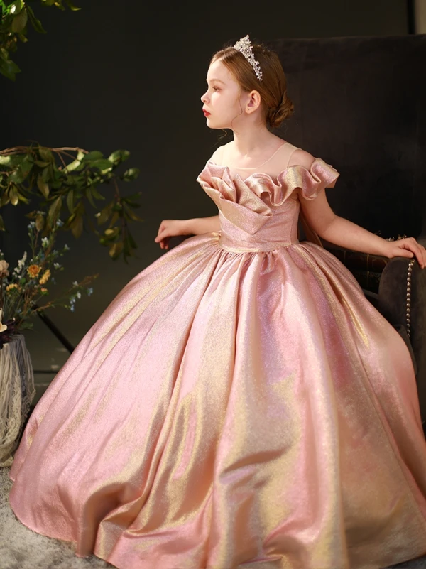 Elegant Candy Pink Sequins Flower Girl Dresses Prom 2022 Ball Gown Scoop Neck Short Sleeve Bow Floor-Length / Long Flower Girl Dresses