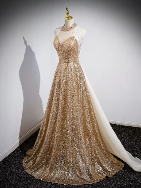 Glitzernden Gold Perlenstickerei Pailletten Quaste Ballkleider 2023 A Linie Neckholder Ärmellos Rückenfreies Sweep / Pinsel Zug Festliche Kleider