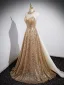Glitzernden Gold Perlenstickerei Pailletten Quaste Ballkleider 2023 A Linie Neckholder Ärmellos Rückenfreies Sweep / Pinsel Zug Festliche Kleider